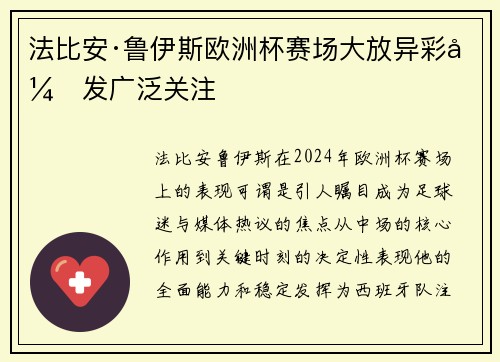 法比安·鲁伊斯欧洲杯赛场大放异彩引发广泛关注
